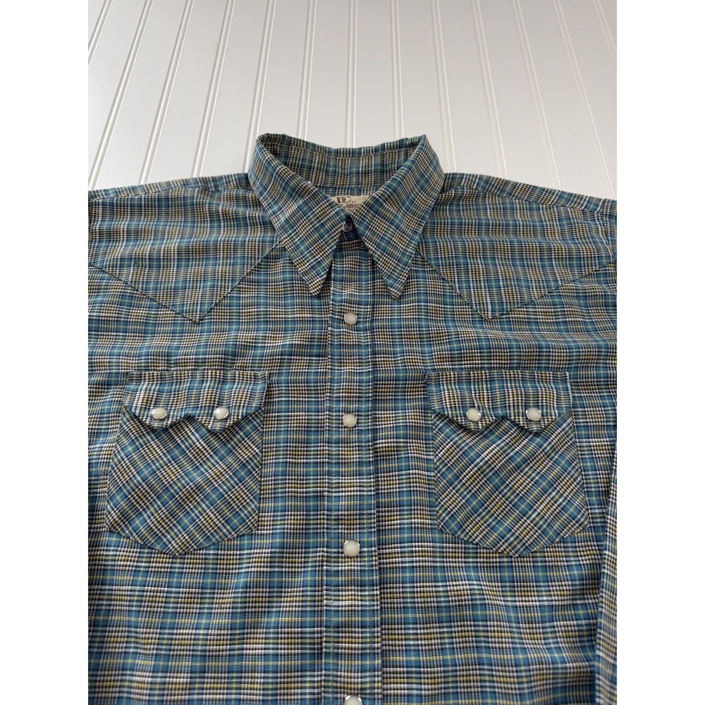 Vintage Dee Cee Men's XL Western Pearl Snap Shirt Blue White Yellow Plaid 17-38‎